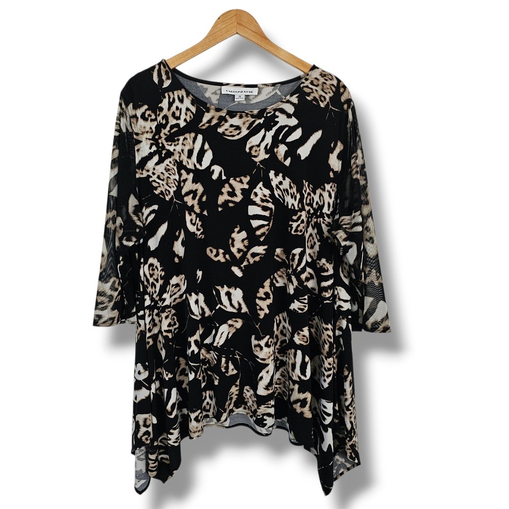 Caroline Rose Tunic Top 1X Womens Black Tan Animal Print Sharkbite Mesh Sleeve